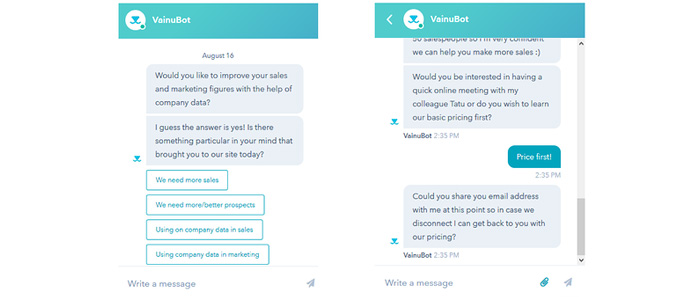 Vainu bot for lead generation - chatbot examples