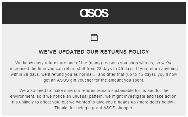 asos - refund policy - shopping cart abandonment rate