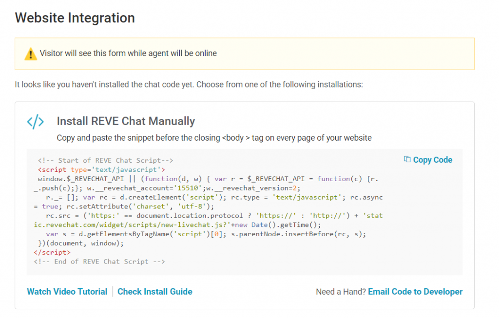 Install REVE Chat code on your website