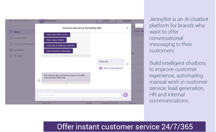 Jenny chatbot - 24x7 customer support