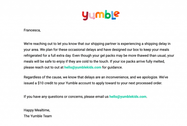 Yumble - Good customer service example