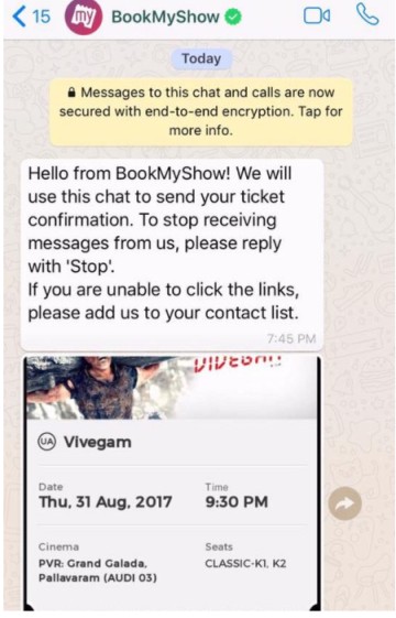 BookMyShow using WhatsApp for customer communication
