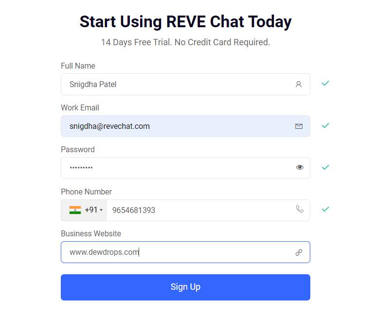Sign up with REVE Chat dashboard