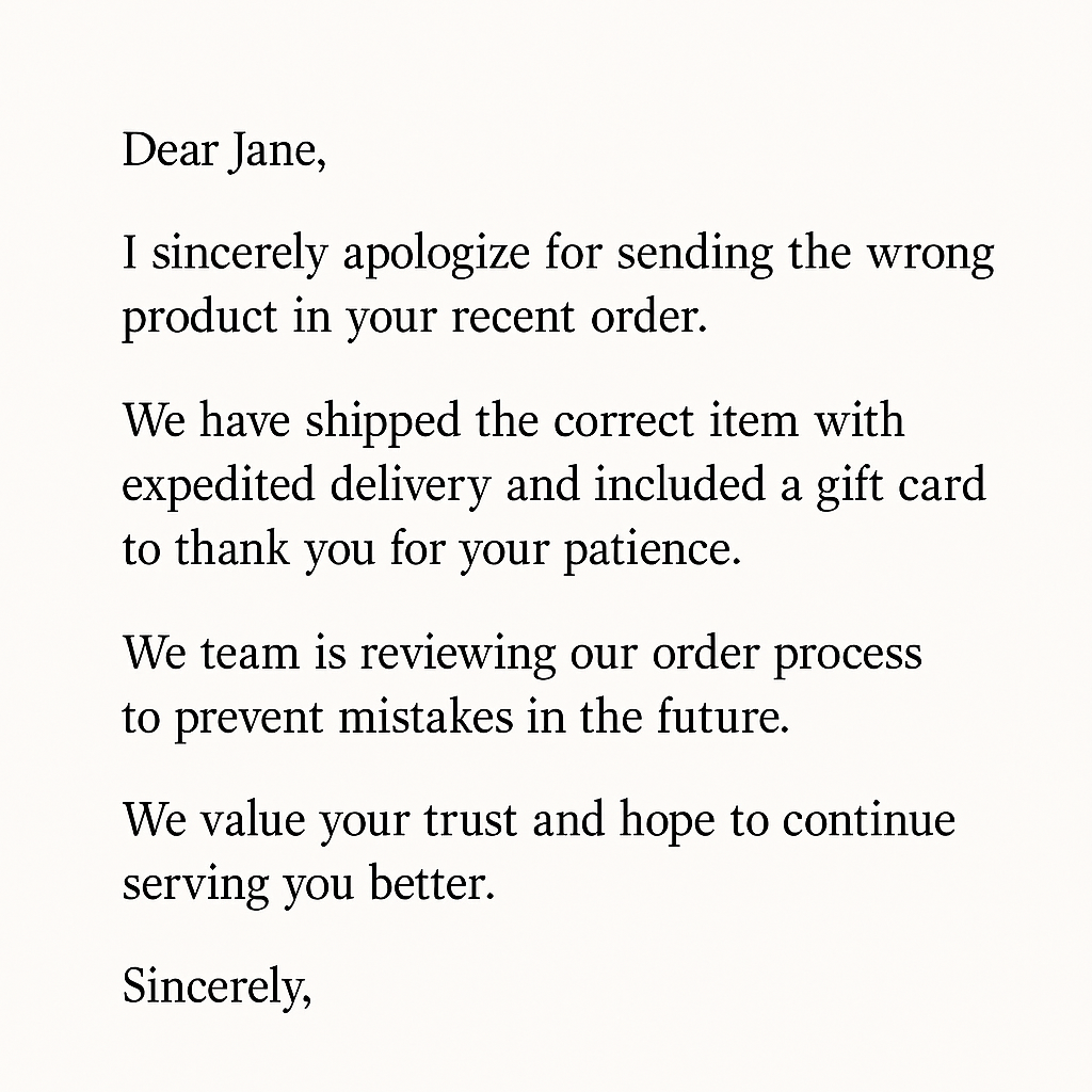 Example of customer apology letter
