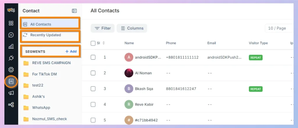 All Contacts Section