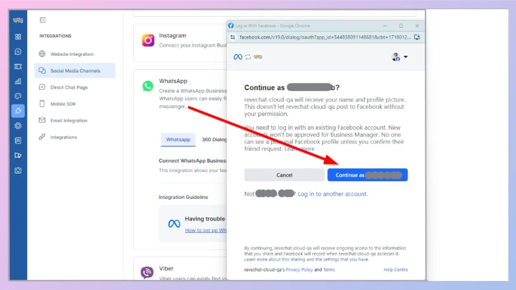 Step 3: Continue with Facebook/Meta login