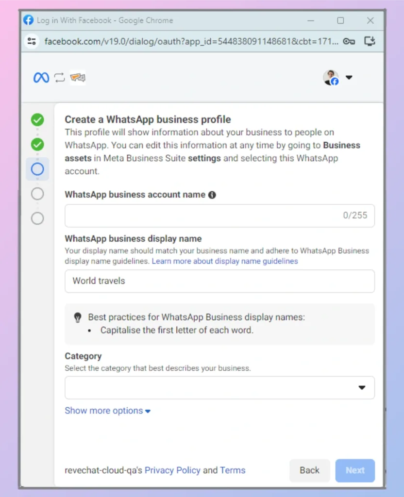 Step 5: Create or select a WhatsApp Business profile