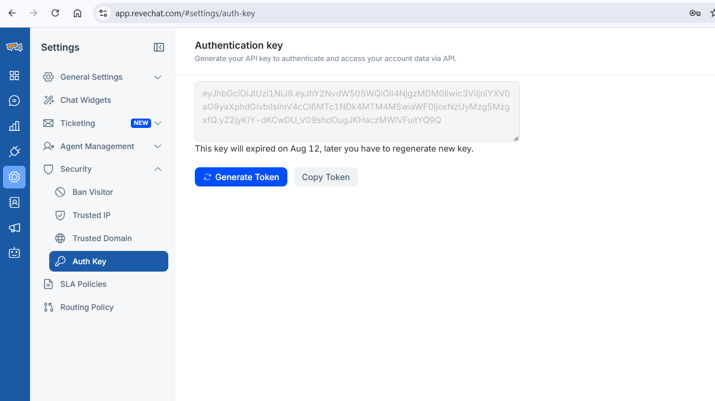 Generate Auth Key from your REVE Chat Account