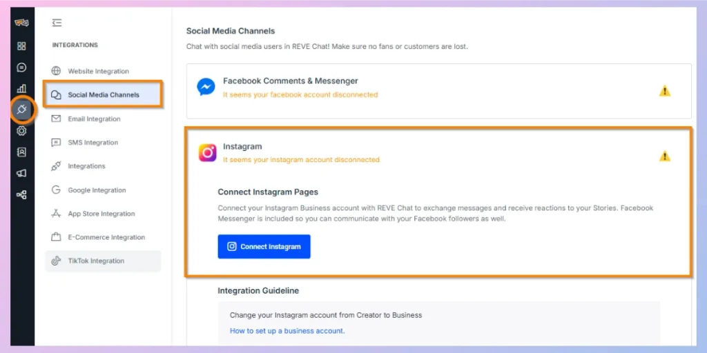 Connect Instagram Business Account to REVE Chat