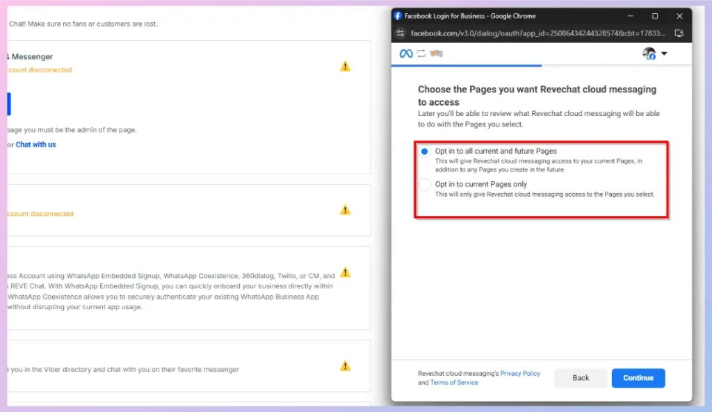 Choose the Facebook Pages REVE Chat can access
