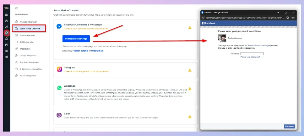 Open Social Media Channels and Click Facebook