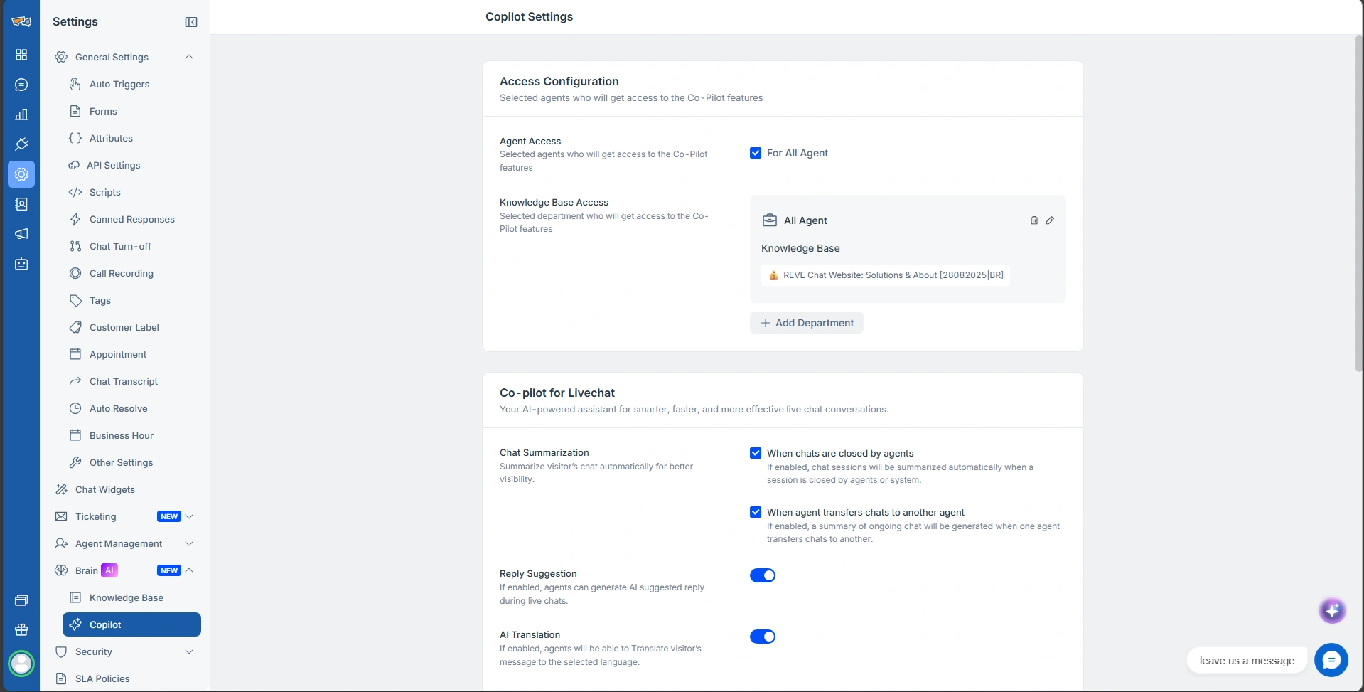 REVE Chat Copilot Settings