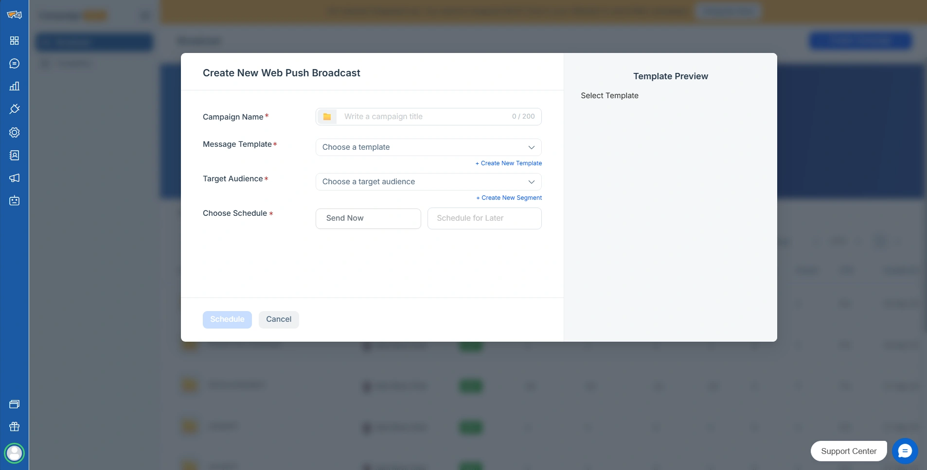 REVE Chat Create New Web Push Broadcast