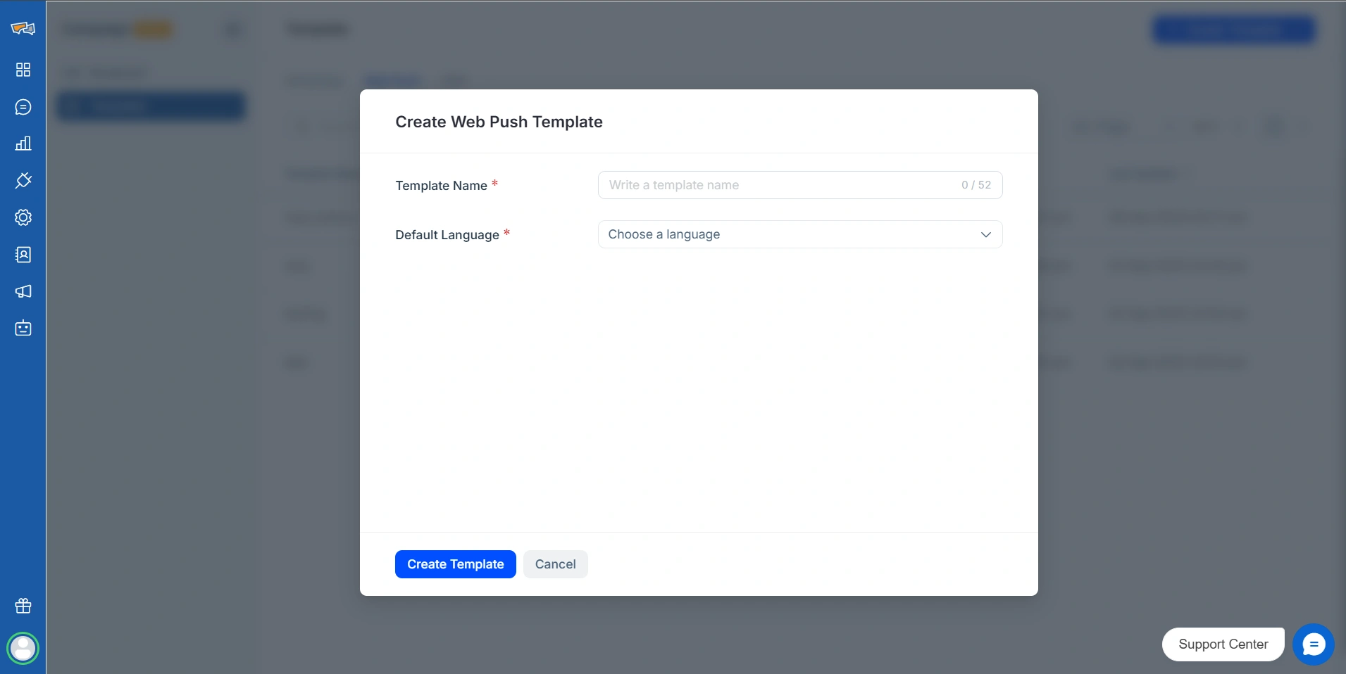 REVE Chat Create Web Push Template Pop up