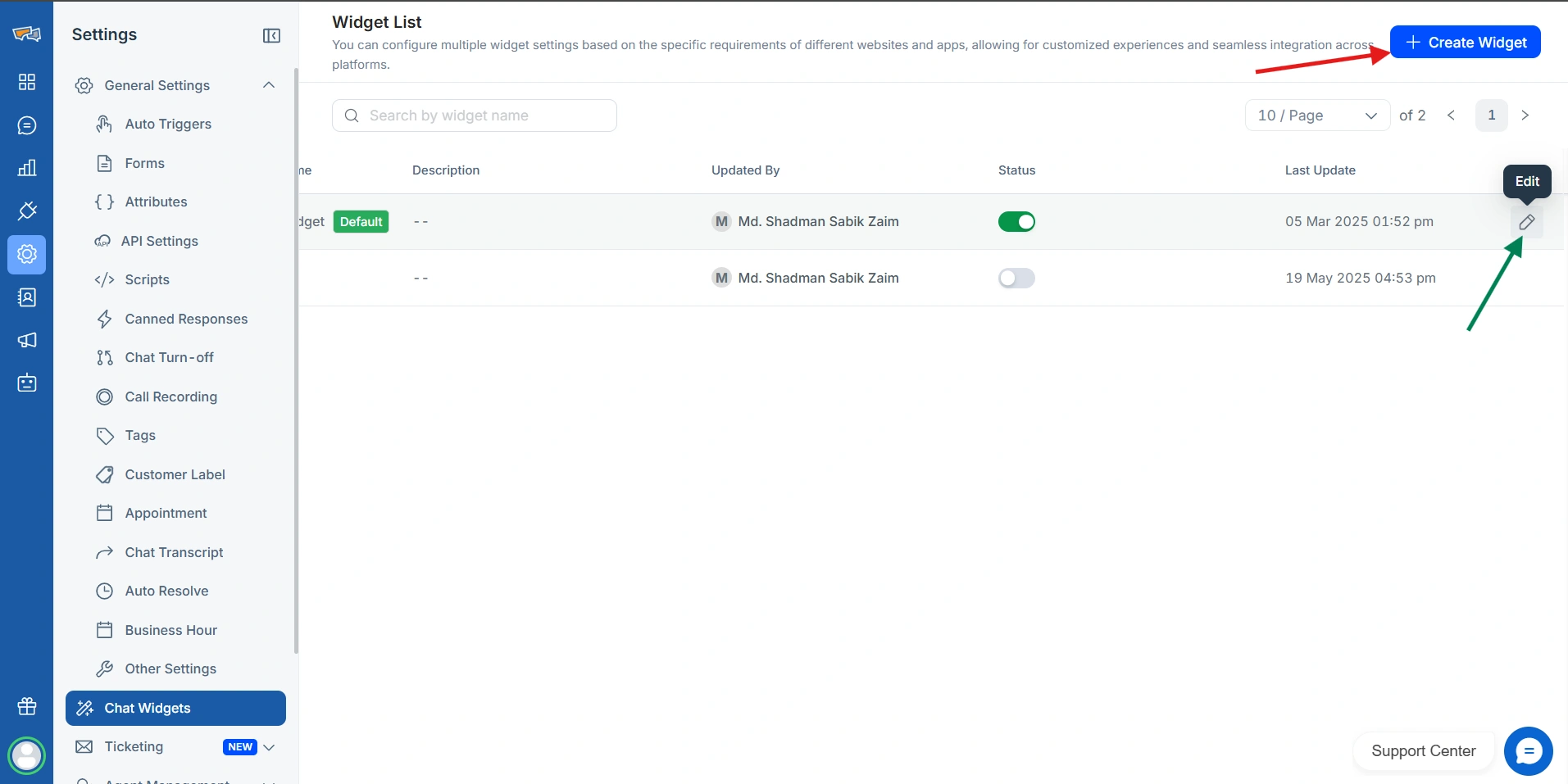 REVE Chat Create New Widget or Edit Existing Widget