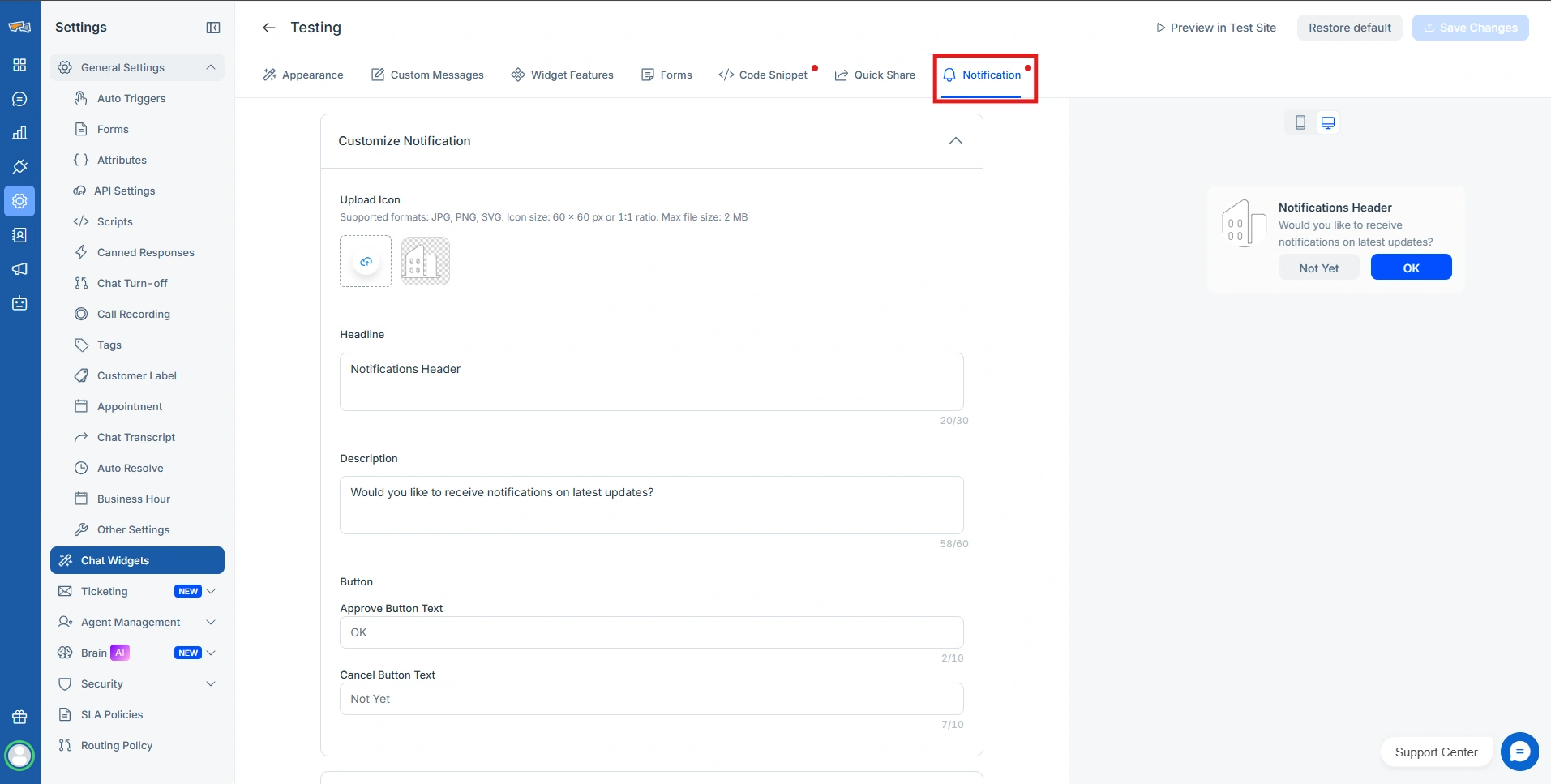 REVE Chat Web Push Notification Customization