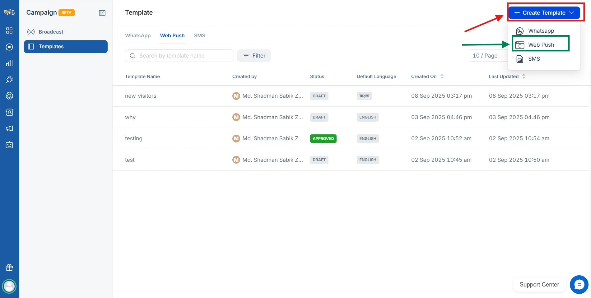 REVE Chat Create New Web Push Template