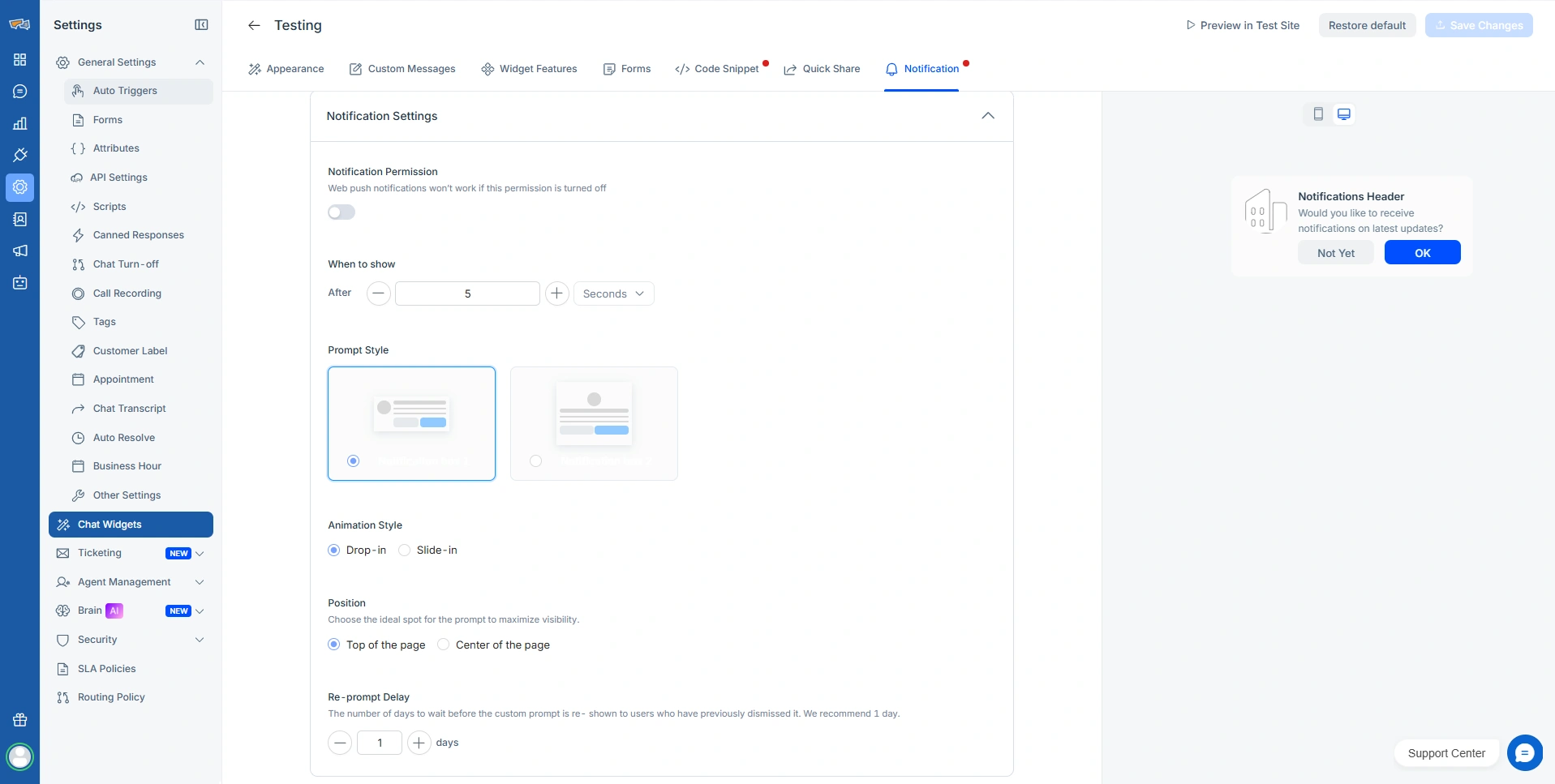 REVE Chat Web Push Notification Settings