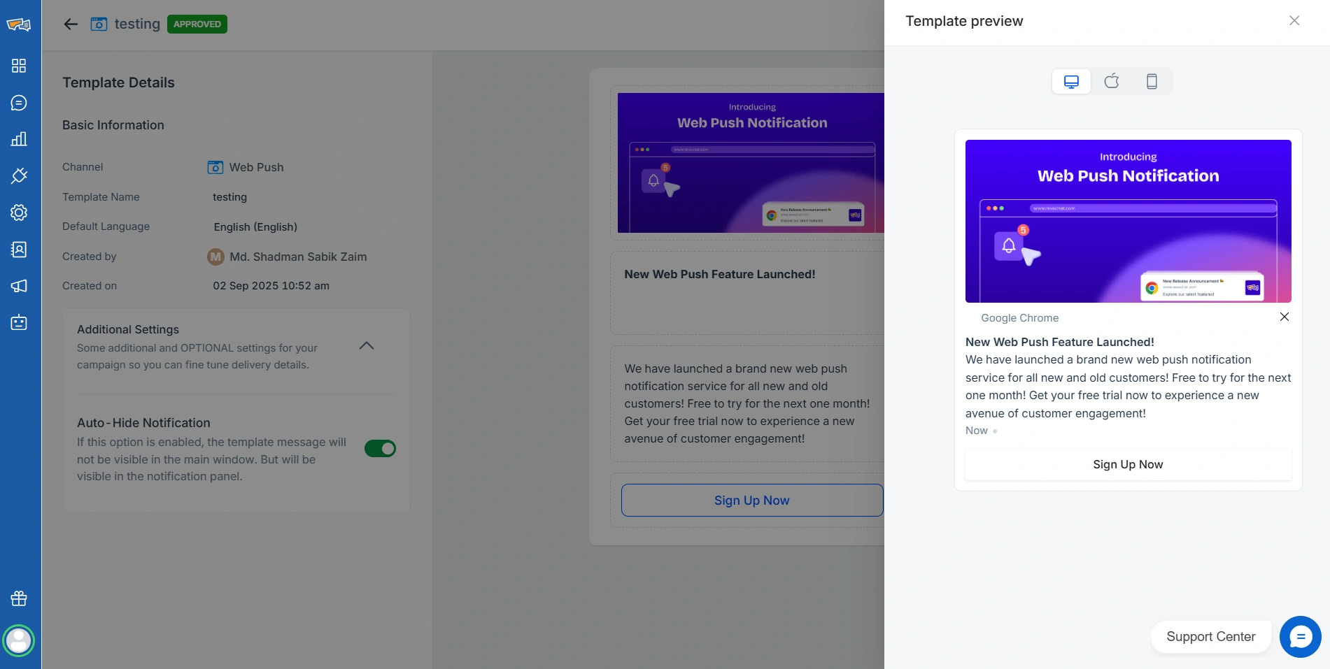 REVE Chat Web Push Template Preview