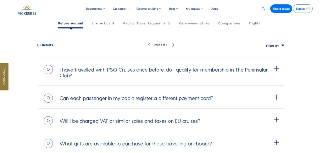 P & O Cruises FAQ Page