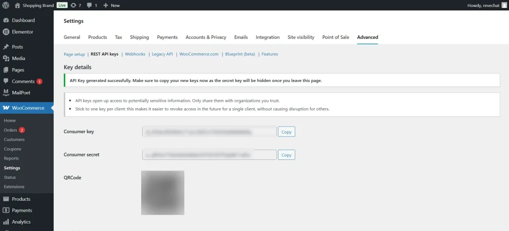 WooCommerce Plugin API Keys Generated
