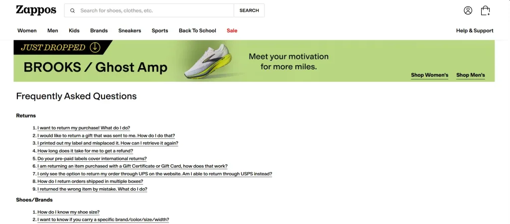 Zappos FAQ Page