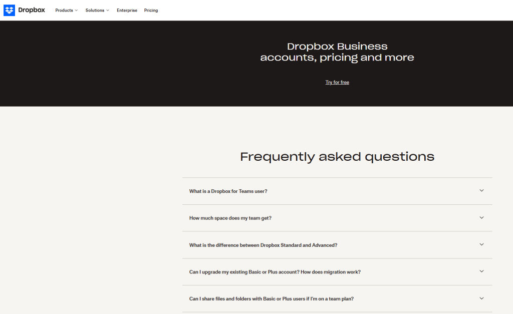 Dropbox faq page example