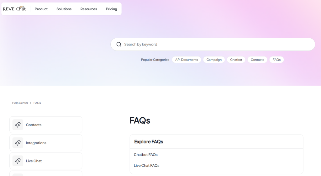 REVE Chat faq page example