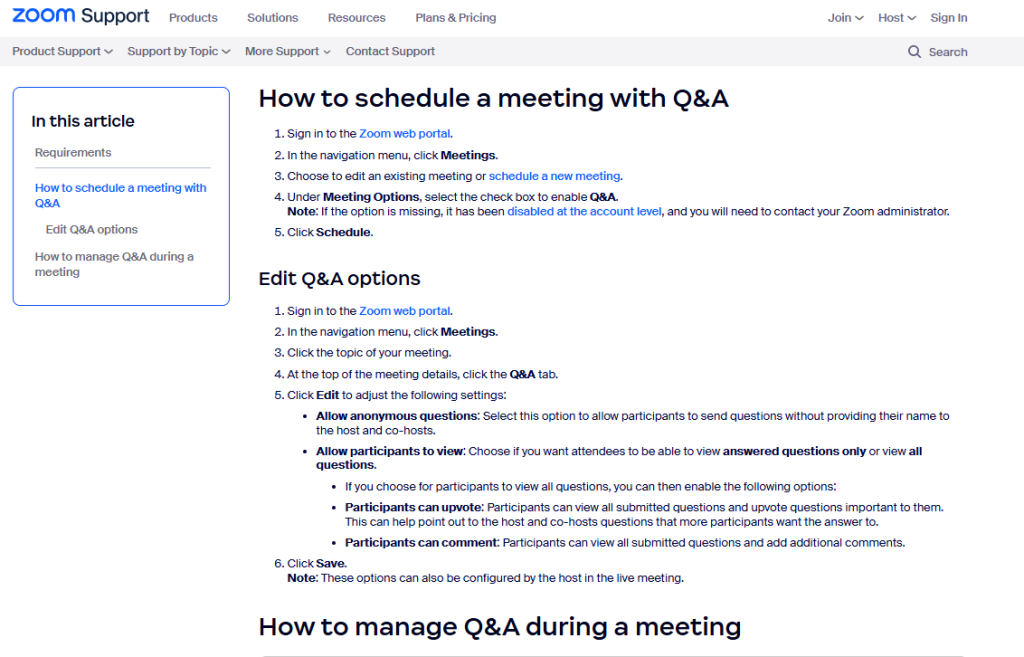 Zoom faq page example