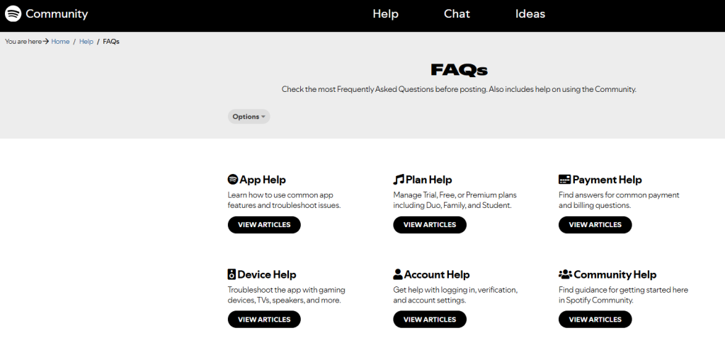 Spotify faq page example