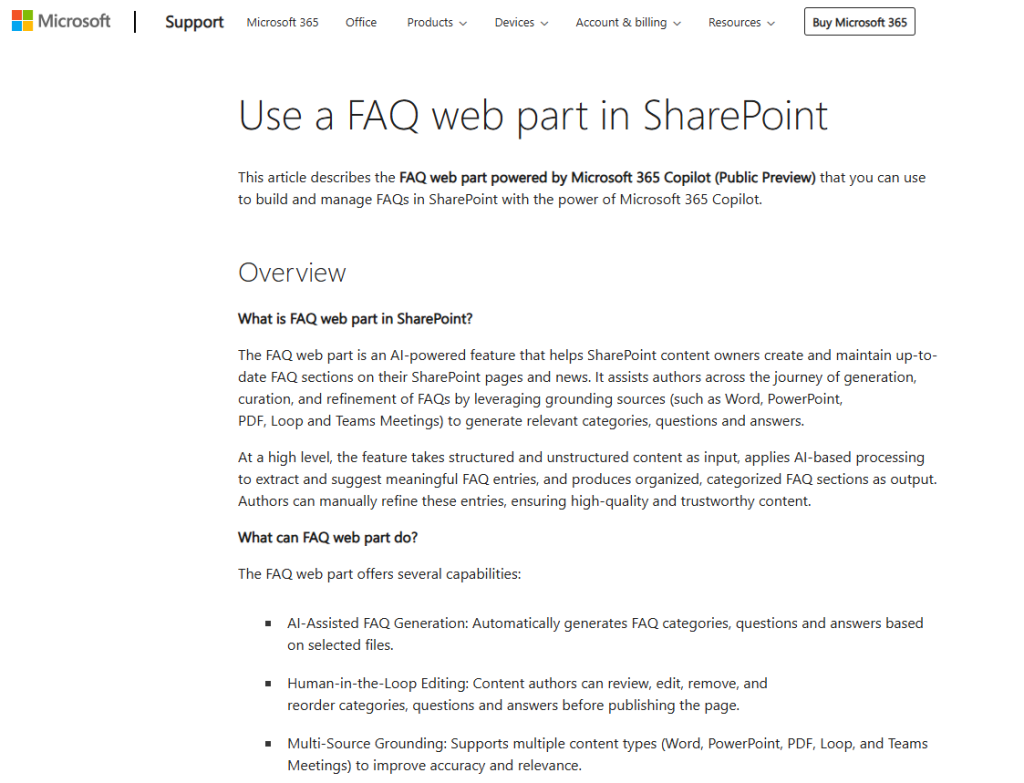 Microsoft faq page example