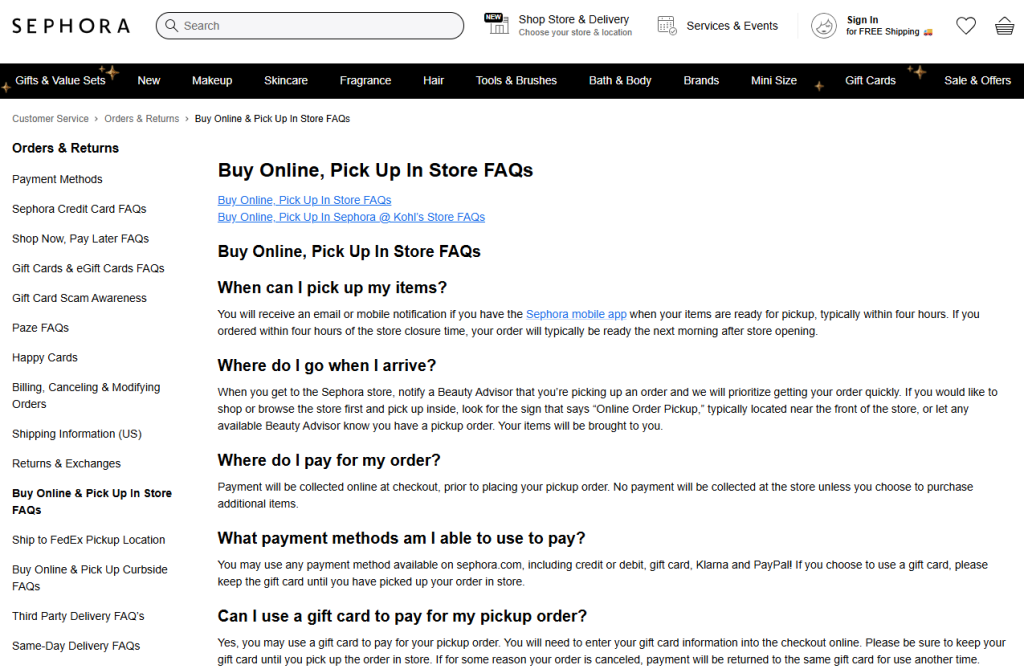 Sephora faq page example