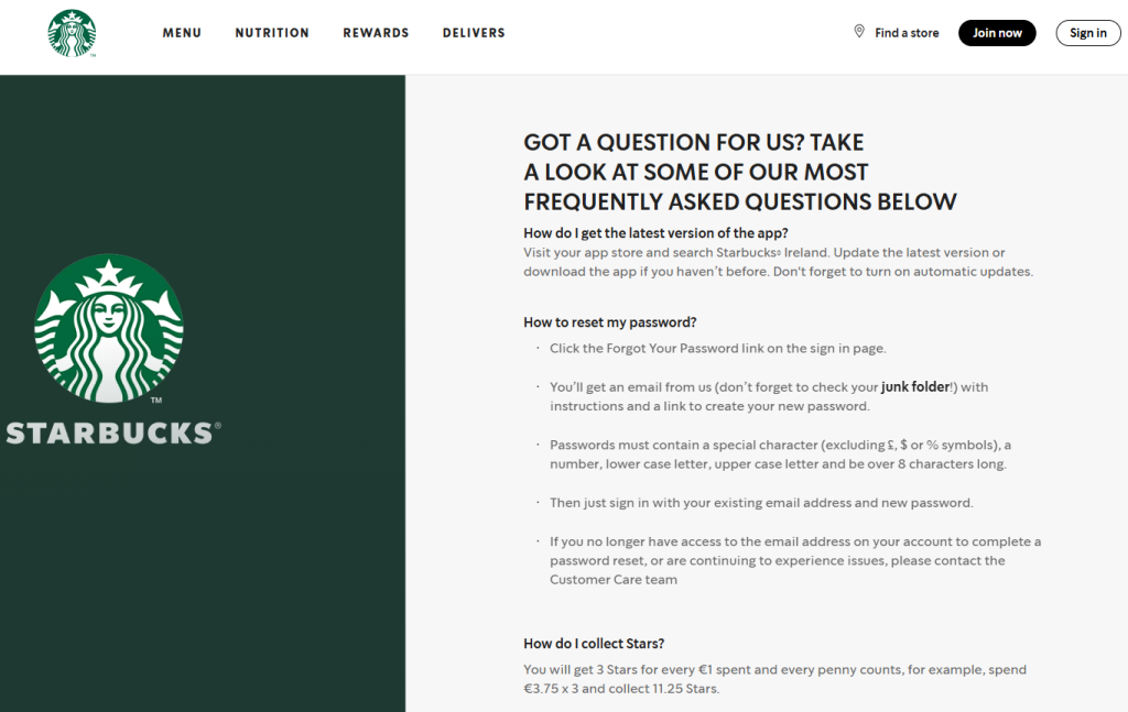 Starbucks faq page example