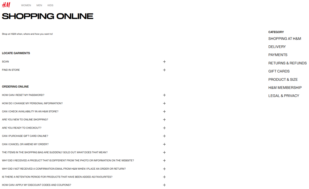 H&M faq page example