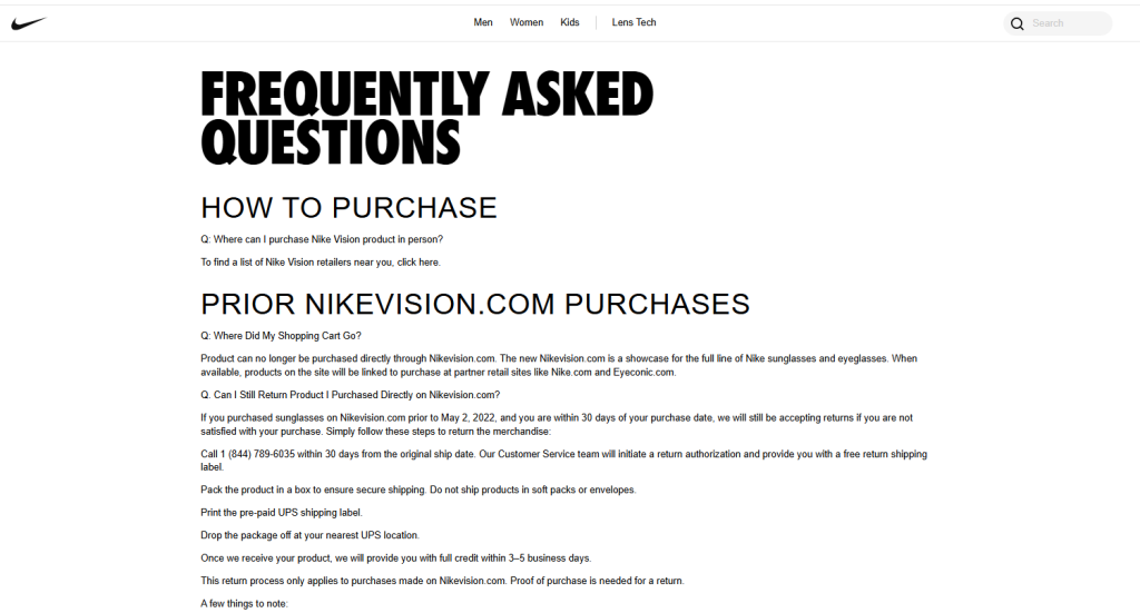 Nike faq page example