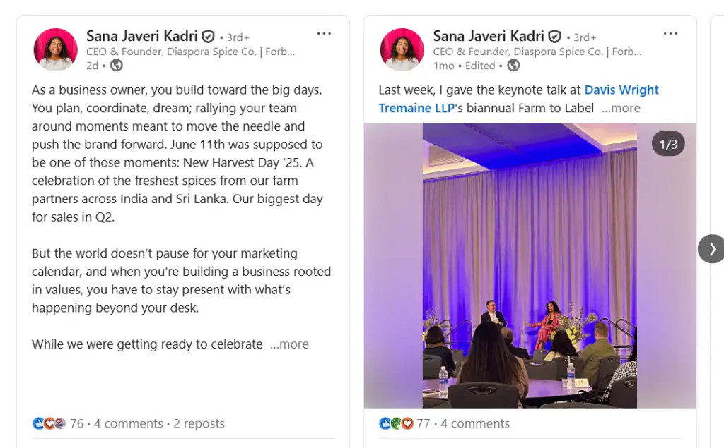 Sana Javeri Kadri, founder of Diaspora Co. (spice brand), regularly posts about ethical sourcing, transparent supply chains and challenges in scaling sustainably on LinkedIn