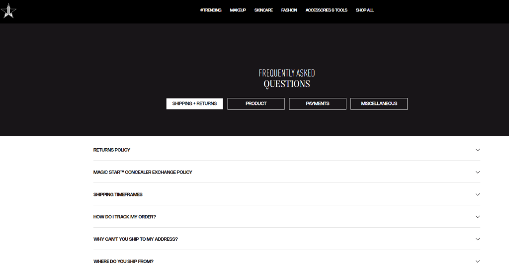 Jeffree Star Cosmetics faq page example