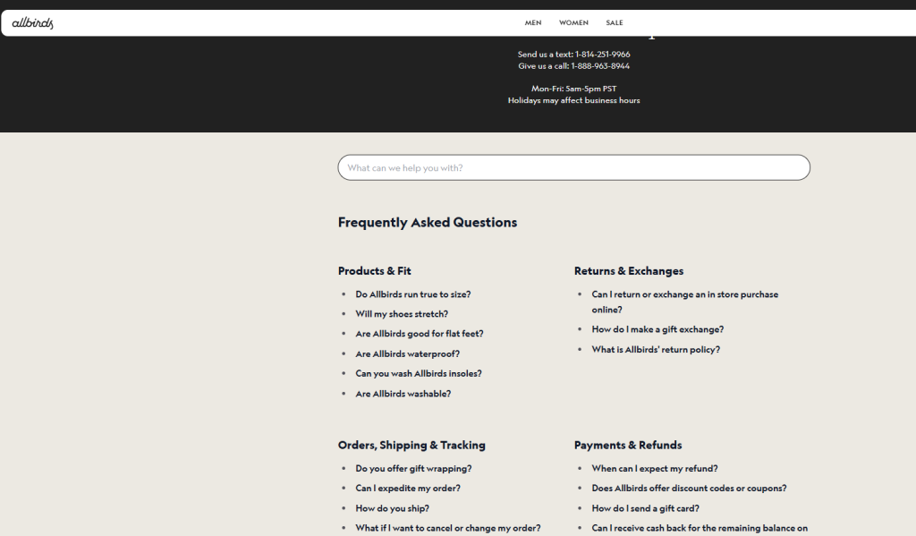 Allbirds faq page example
