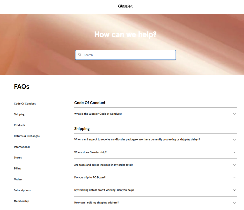 Glossier faq page example