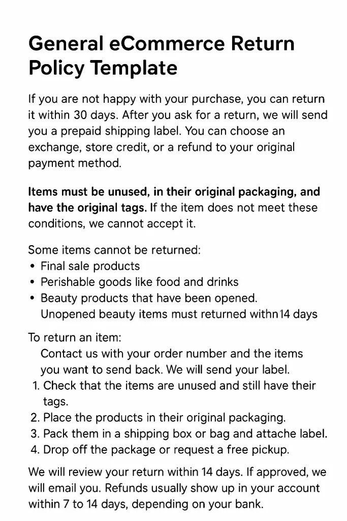 General ecommerce Return Policy Template