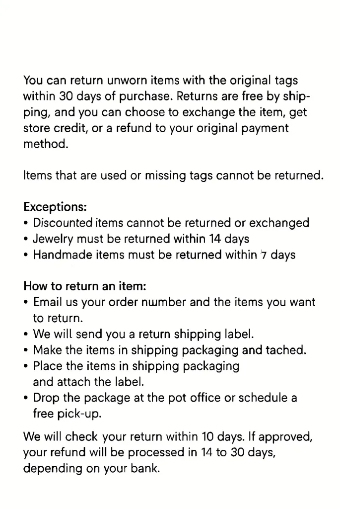 Online Boutique Return Policy Template
