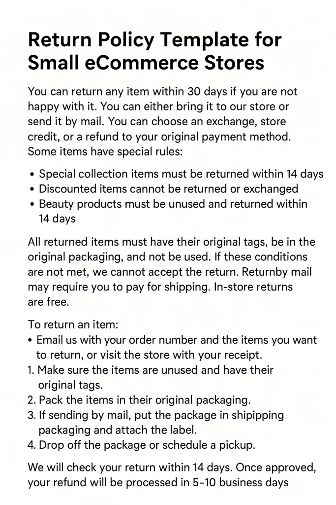 Return Policy Template for Small ecommerce Stores