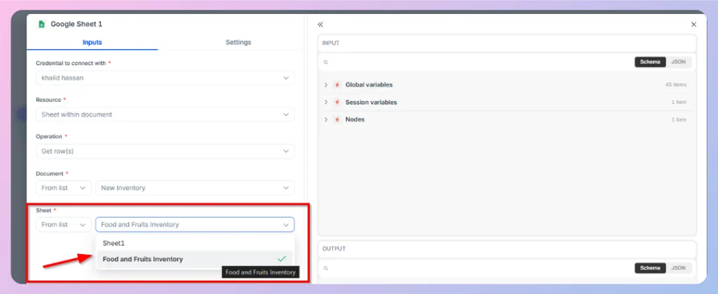 Connect “Food and Fruits Google Sheet” to the new AI Agent