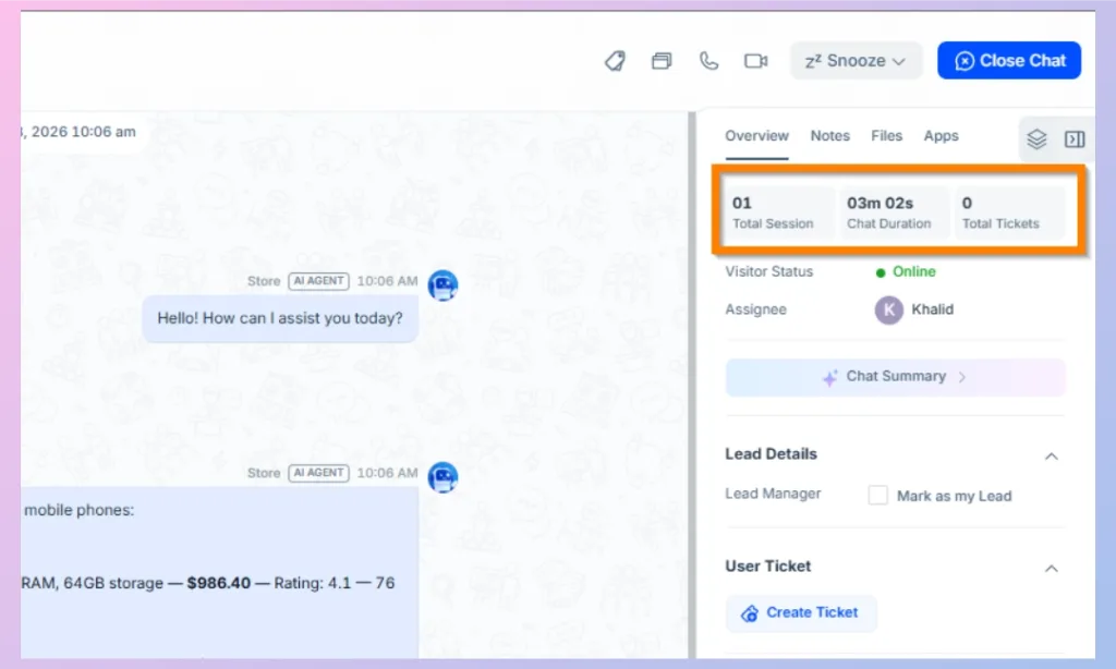 REVE Chat Inbox Header Panel